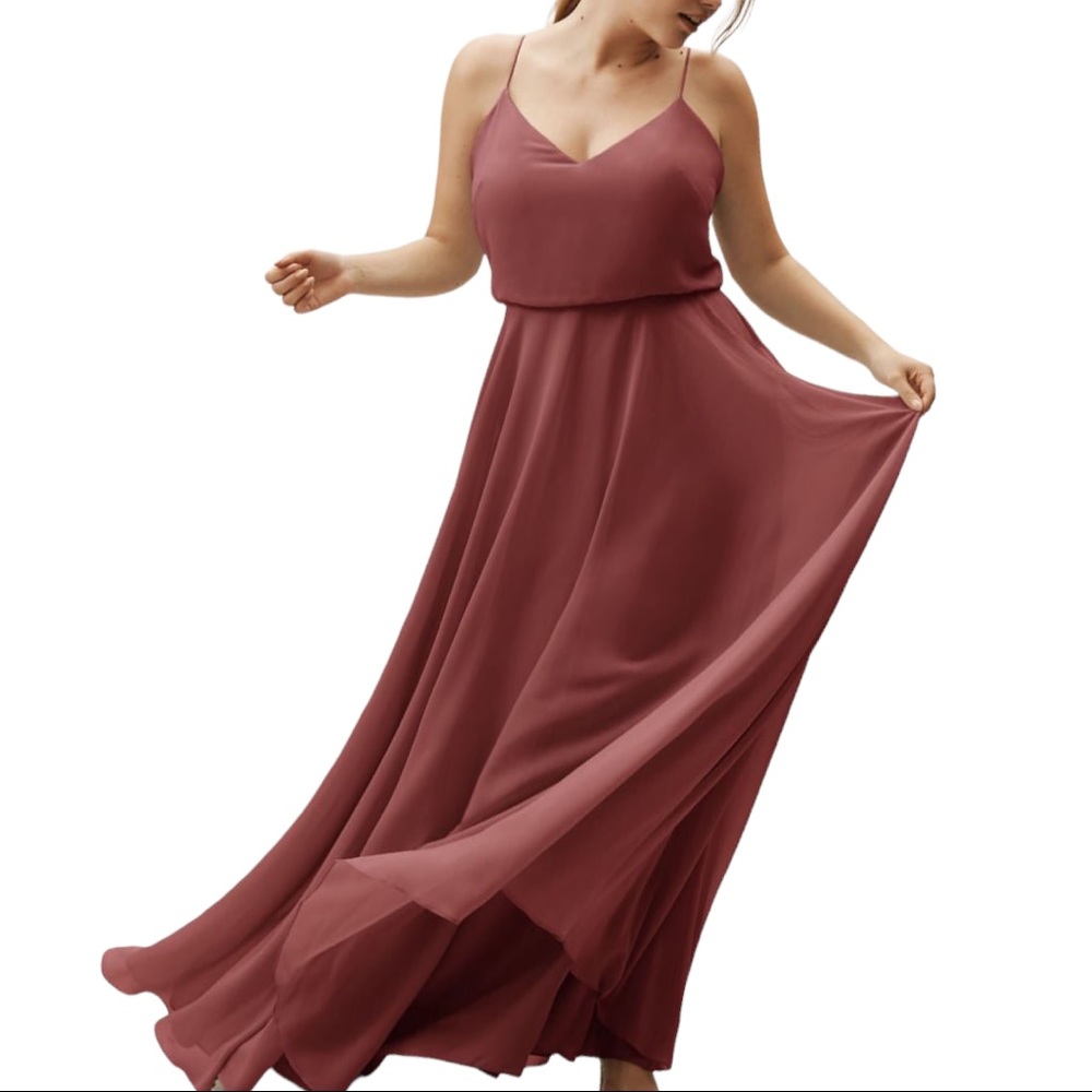 BHLDN x Jenny Yoo Inesse 8 / Med Cinnamon Rose V-Neck Circle Skirt Maxi Gown